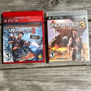 PlayStation 3 games uncharted among thieves 2 and uncharted drakes deception 3